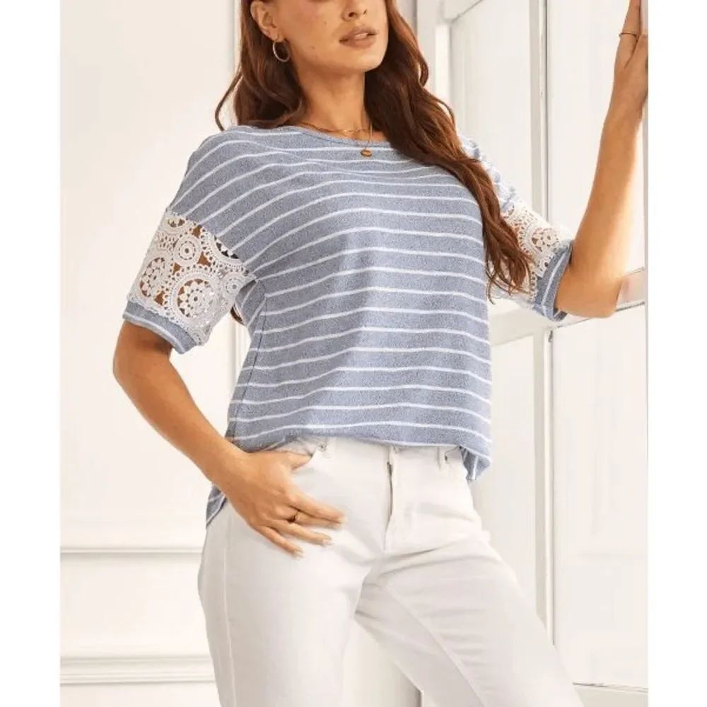 Suzanne Betro Blue & White Stripe Lace-Accent Drop-Shoulder Tee #1987-D4